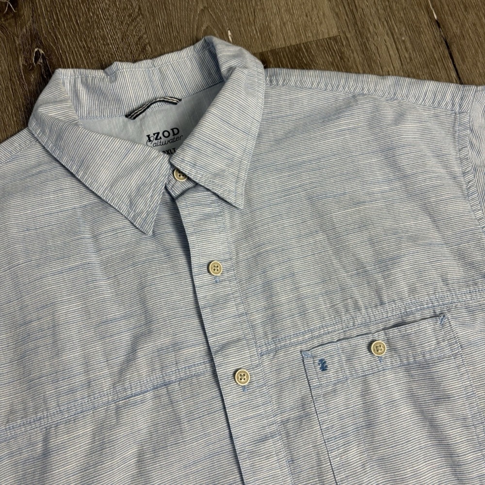 Izod Saltwater Button Up Shirt Mens 2XLT‎ Tall Light Blue Stripe Pocket EUC